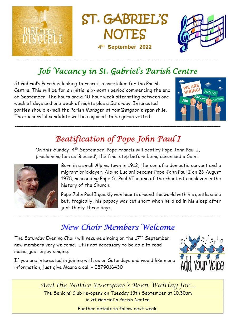 A flyer for st. gabriel 's parish centre with a picture of a man and music notes.