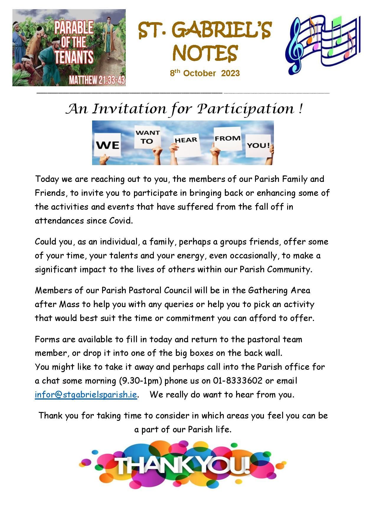 It is a thank you note for participation in st. gabriel 's notes.