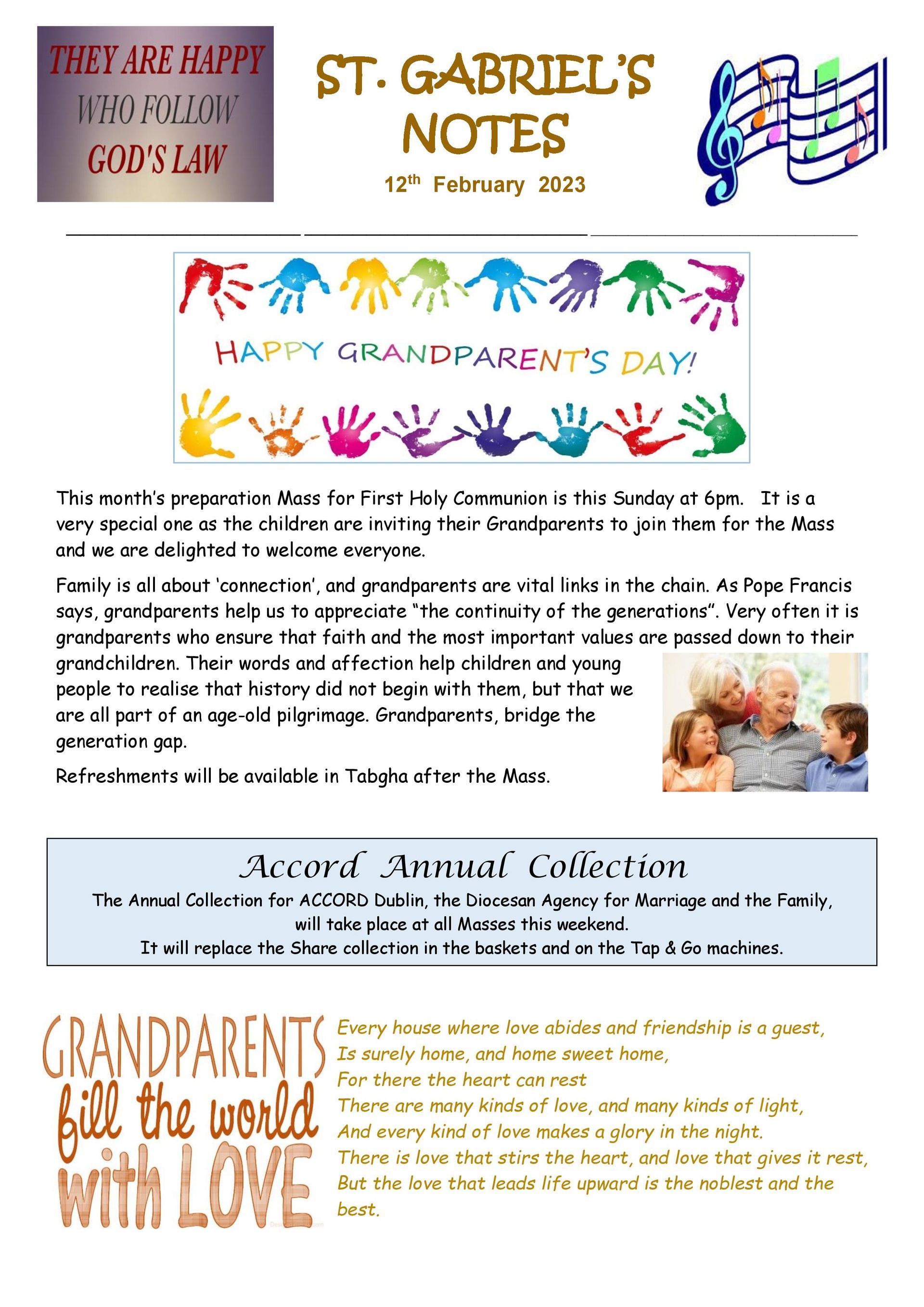 A flyer for st. gabriel 's notes for grandparents day
