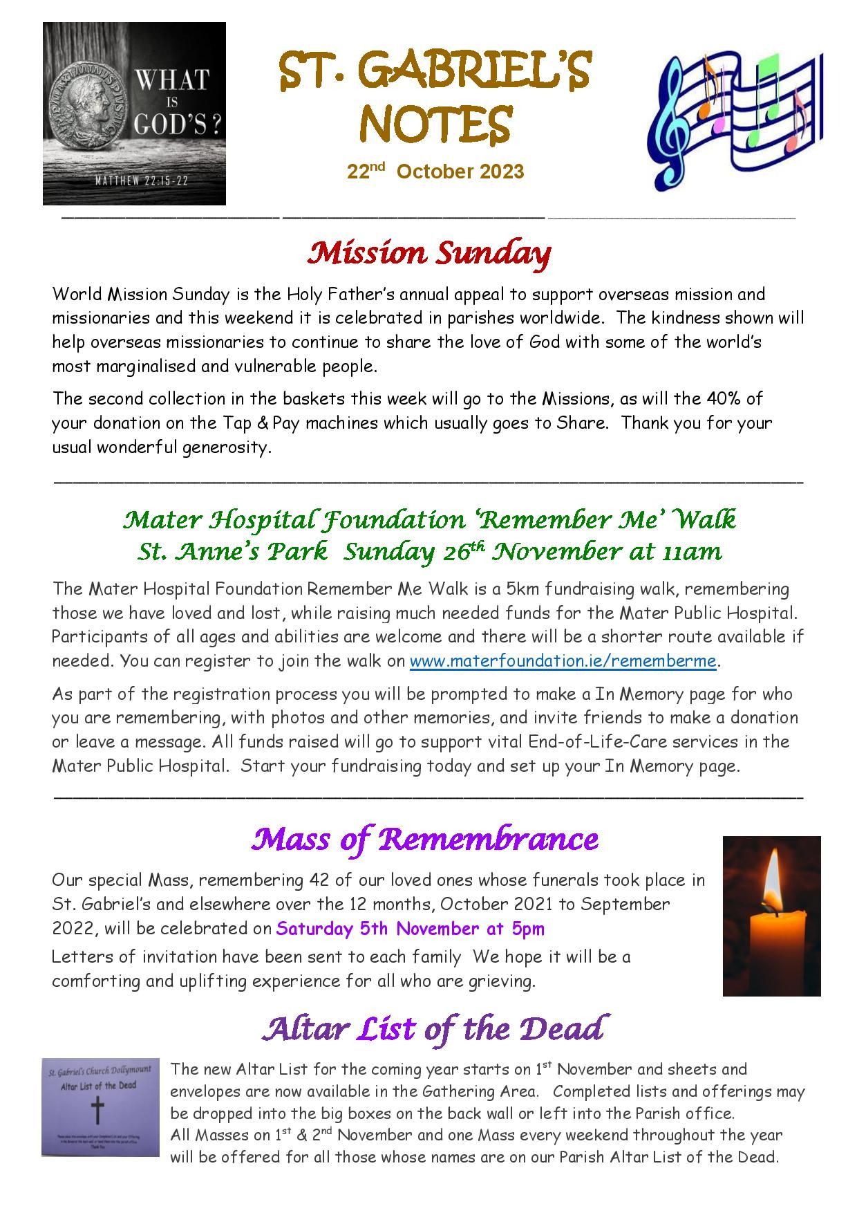 A flyer for st. gabriel 's notes for mission sunday