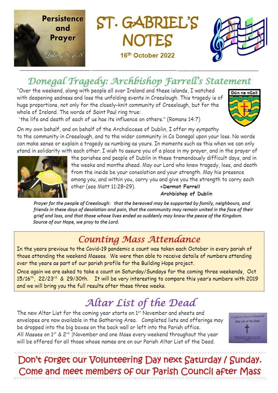 A bulletin from st. gabriel 's church with a picture of a dog on it.