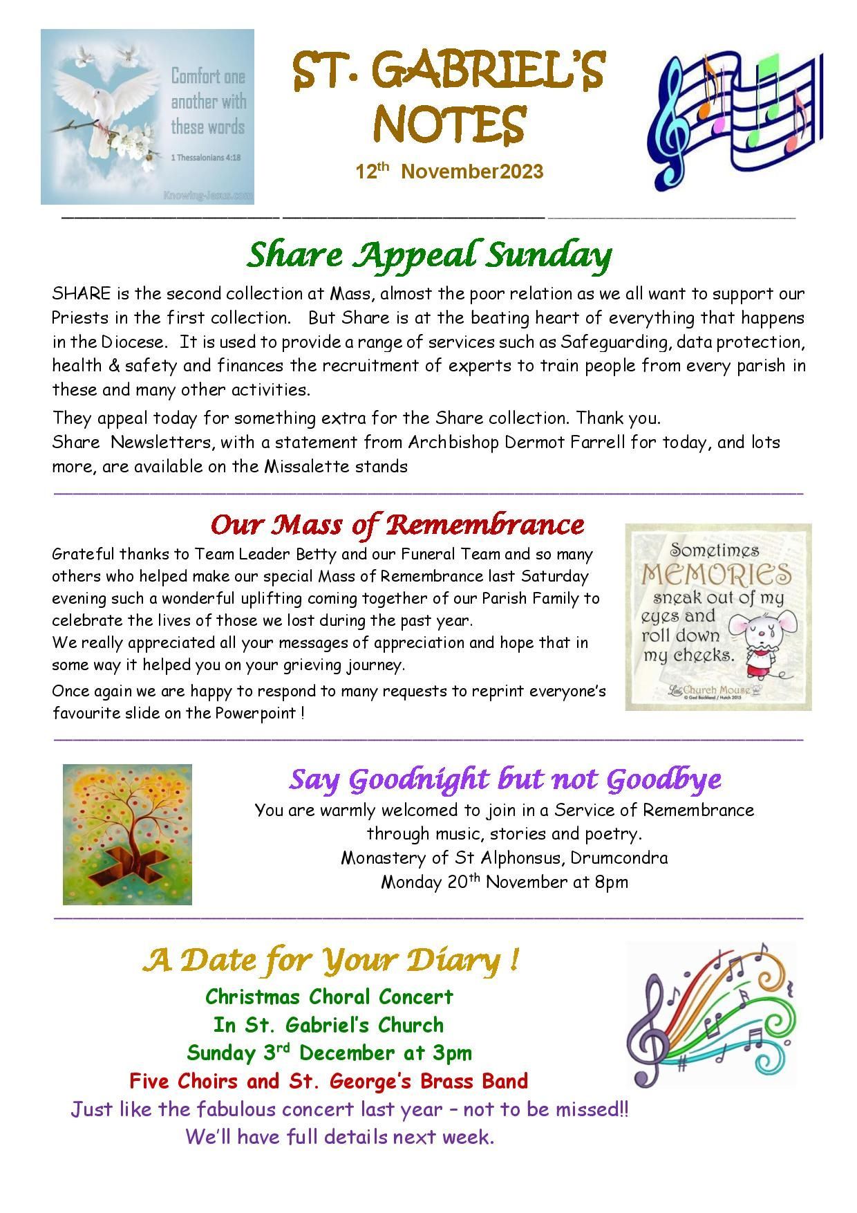 A page of st. gabriel 's notes with a date for your diary.