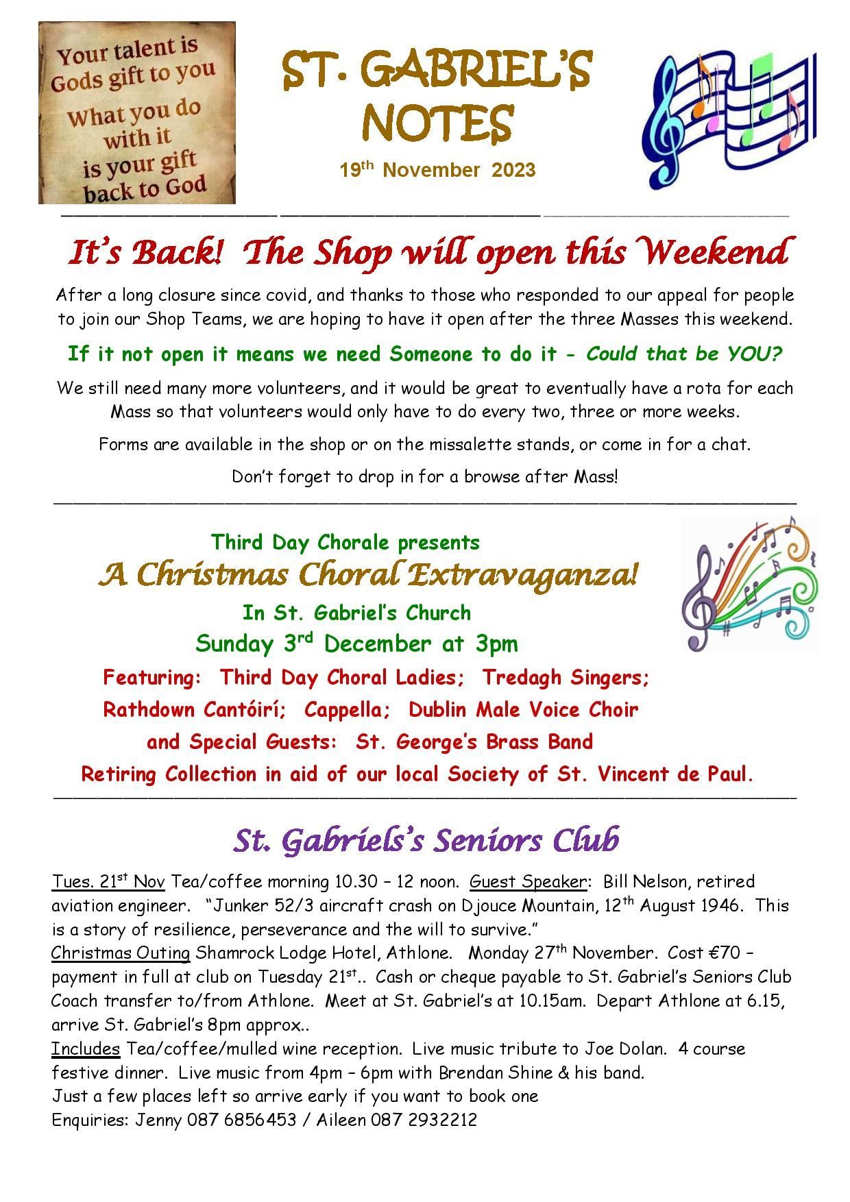 A christmas choral extravaganza is being held at st. gabriel 's church on december 3rd.
