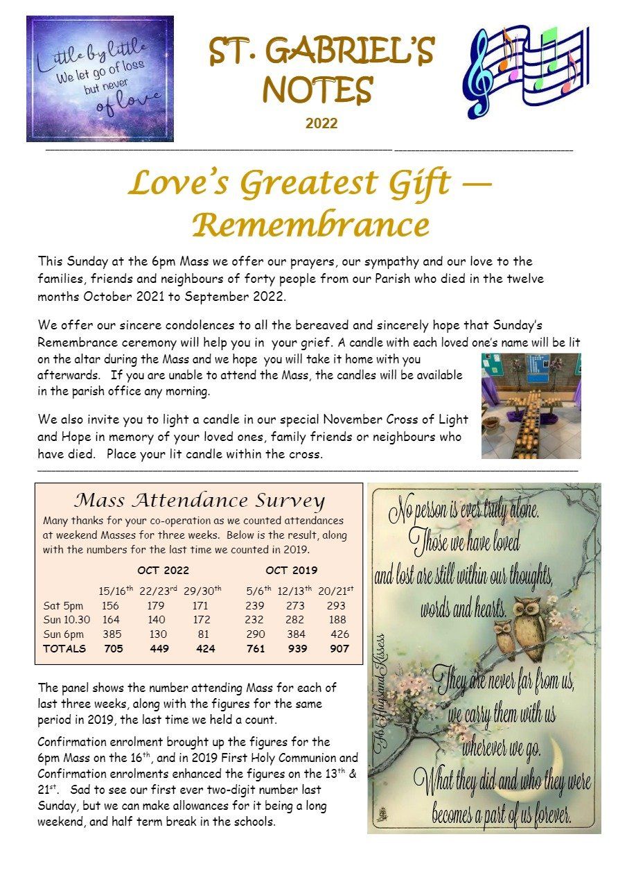 A flyer for st. gabriel 's notes love 's greatest gift remembrance