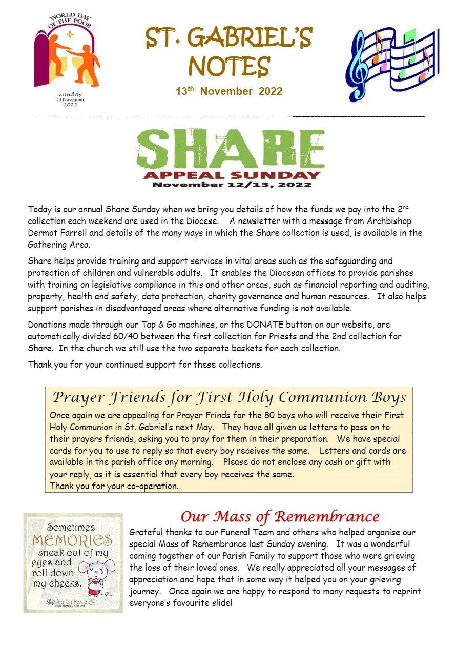 A flyer for st. gabriel 's notes share appeal sunday