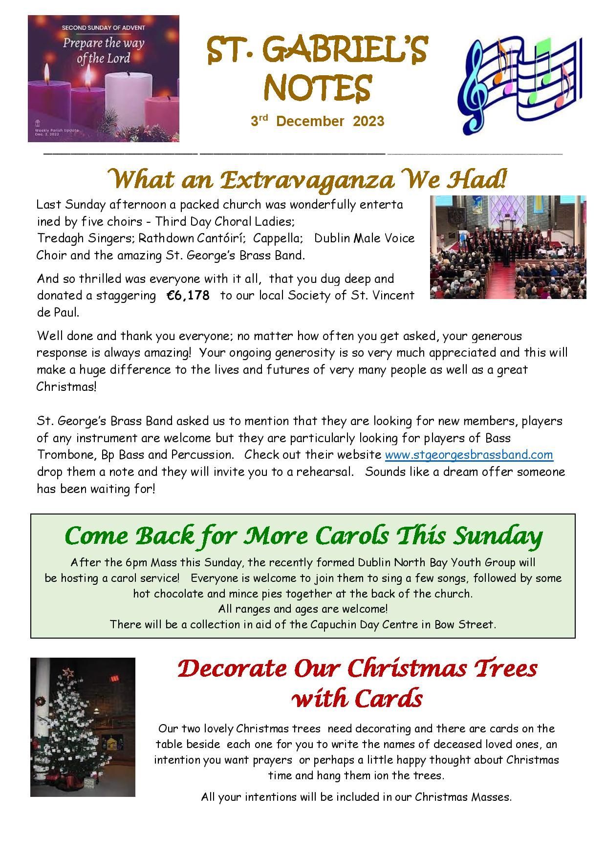 A flyer for st. gabriel 's notes with pictures of christmas trees and candles.