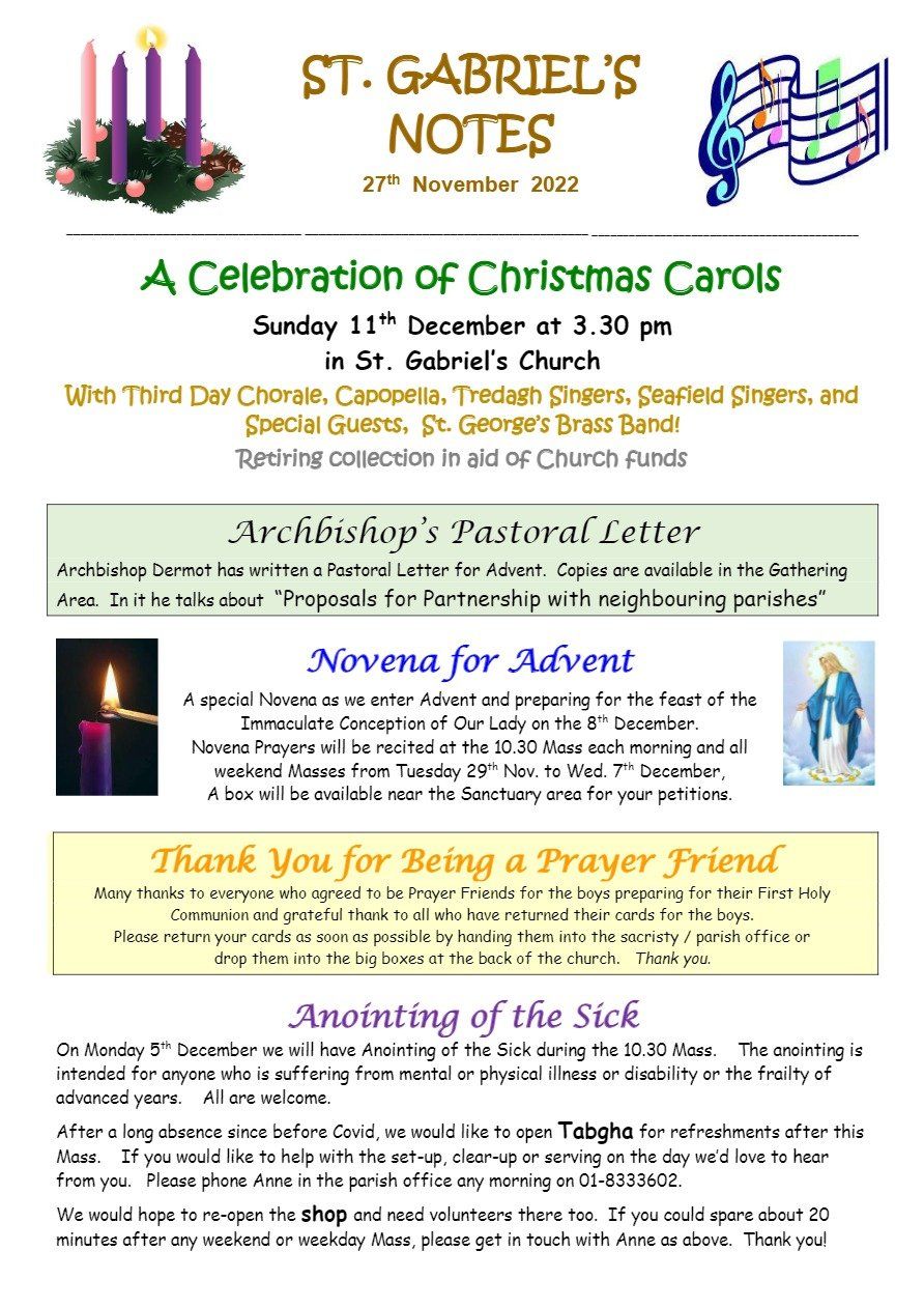 A celebration of christmas carols is being held at st. gabriel 's church.