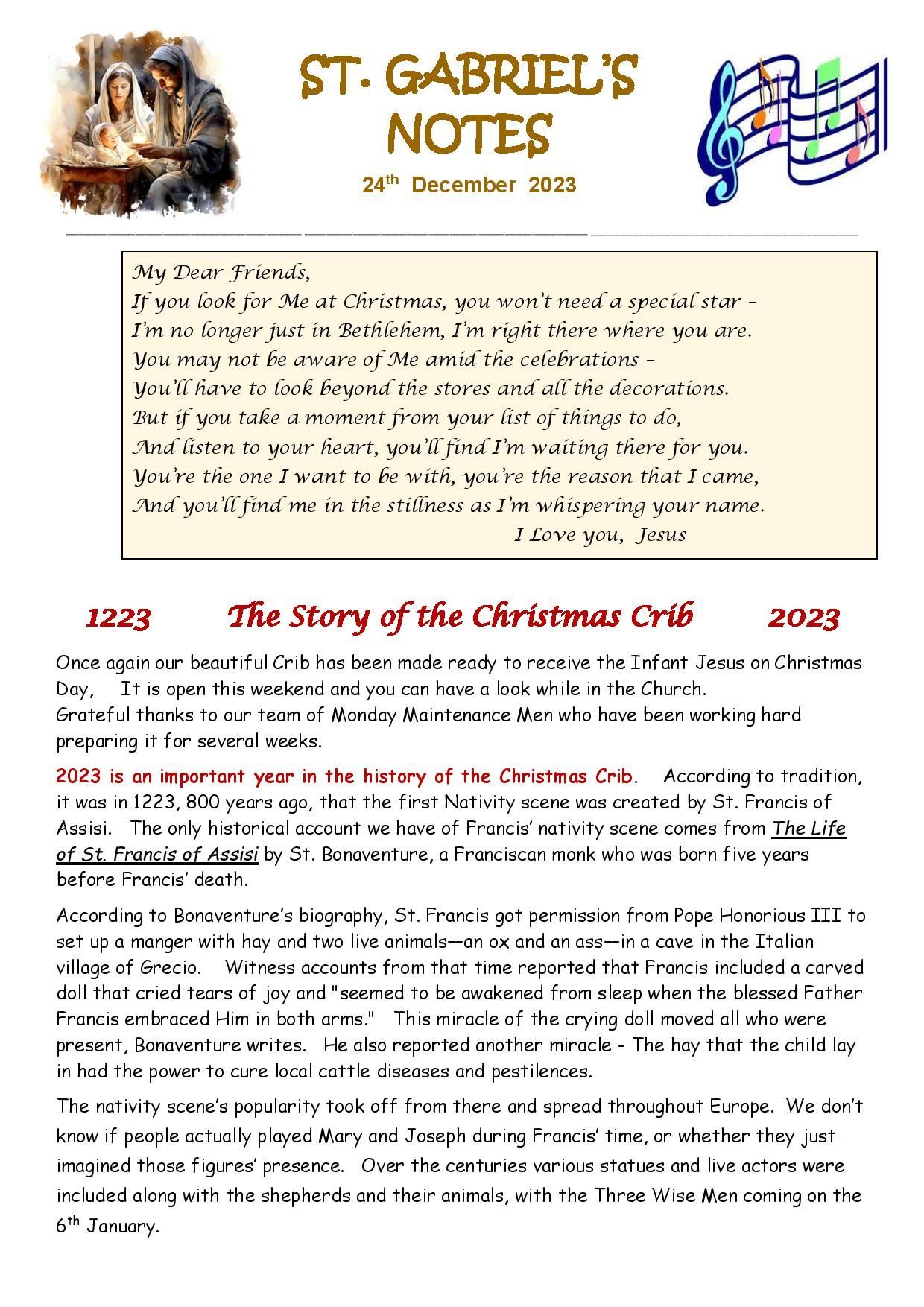 The story of the christmas crib is featured in st. gabriel 's notes.