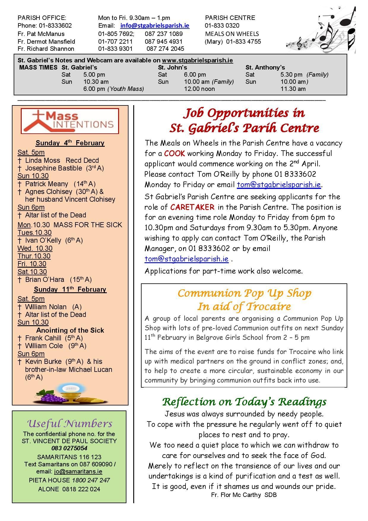A newspaper with advertisements for opportunities in st. gabriel 's parish centre