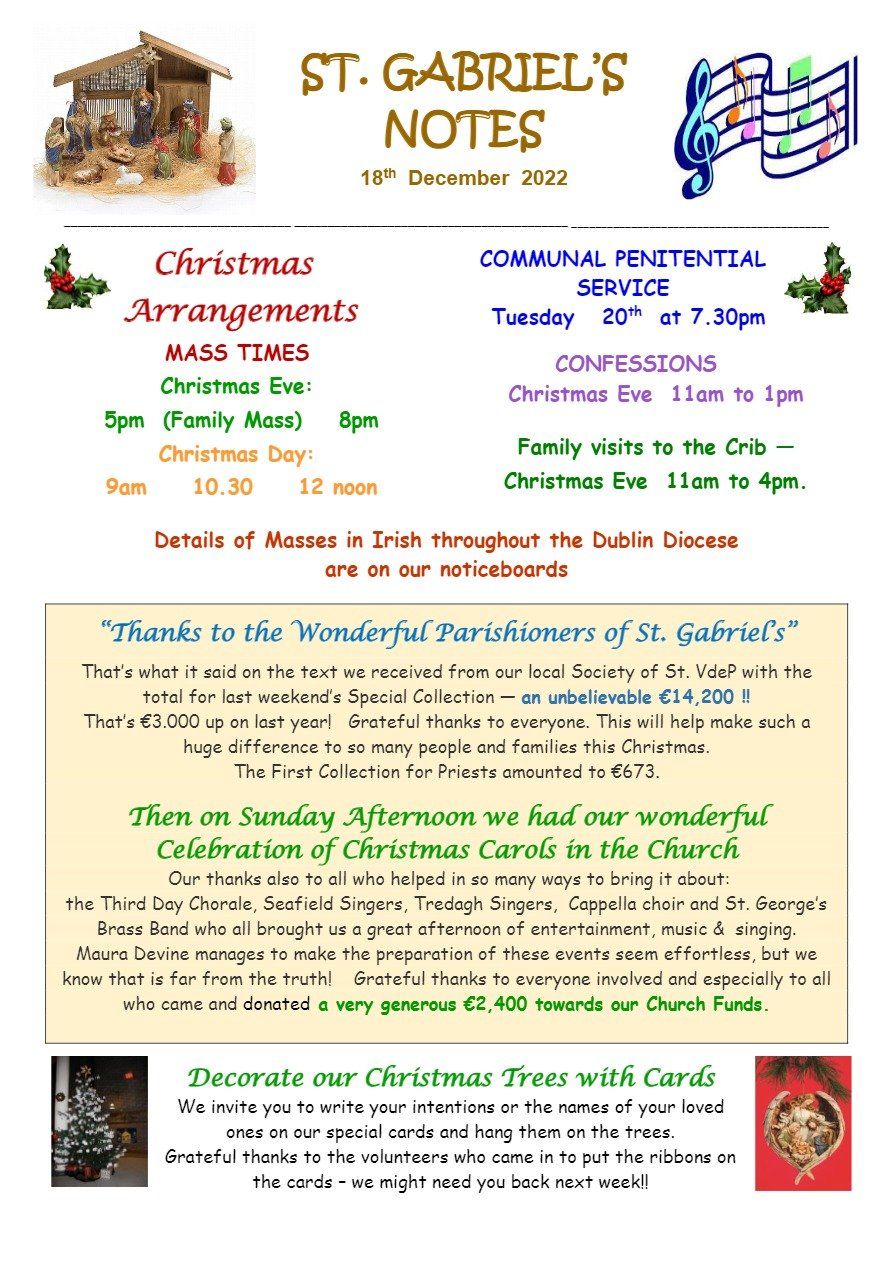 A flyer for st. gabriel 's notes with a nativity scene on it