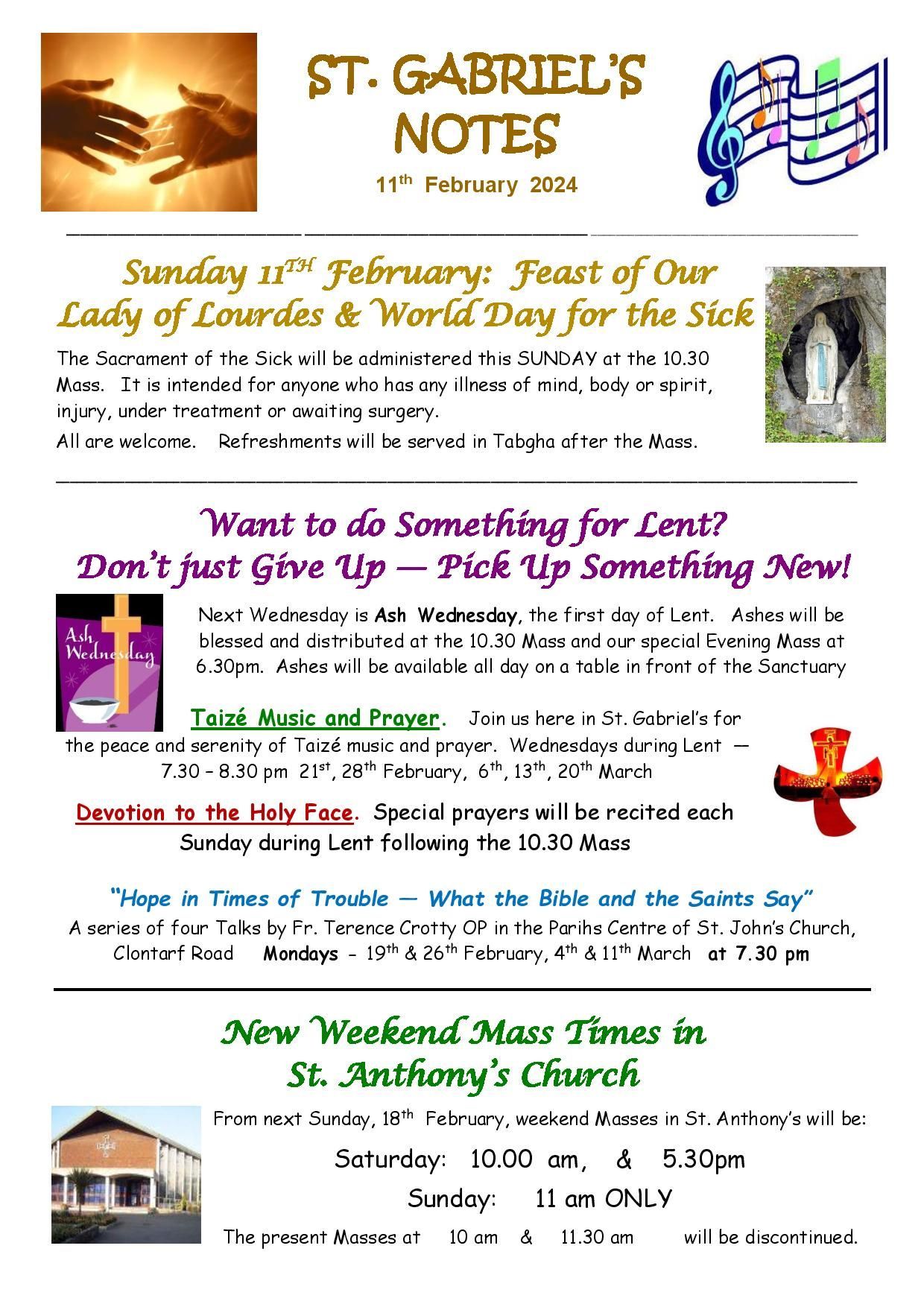 A flyer for st. gabriel 's notes on sunday 11th february.