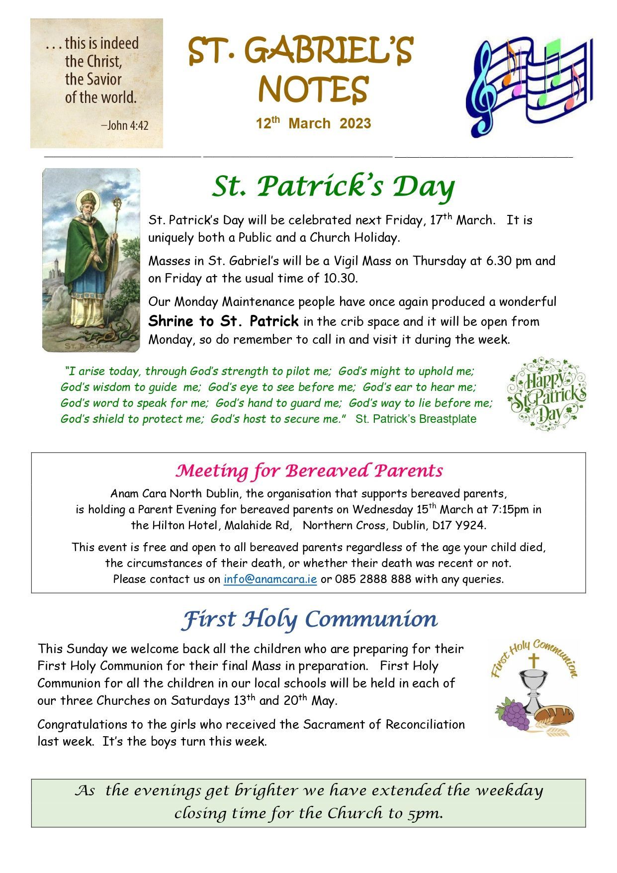 A flyer for st. gabriel 's notes for st. patrick 's day
