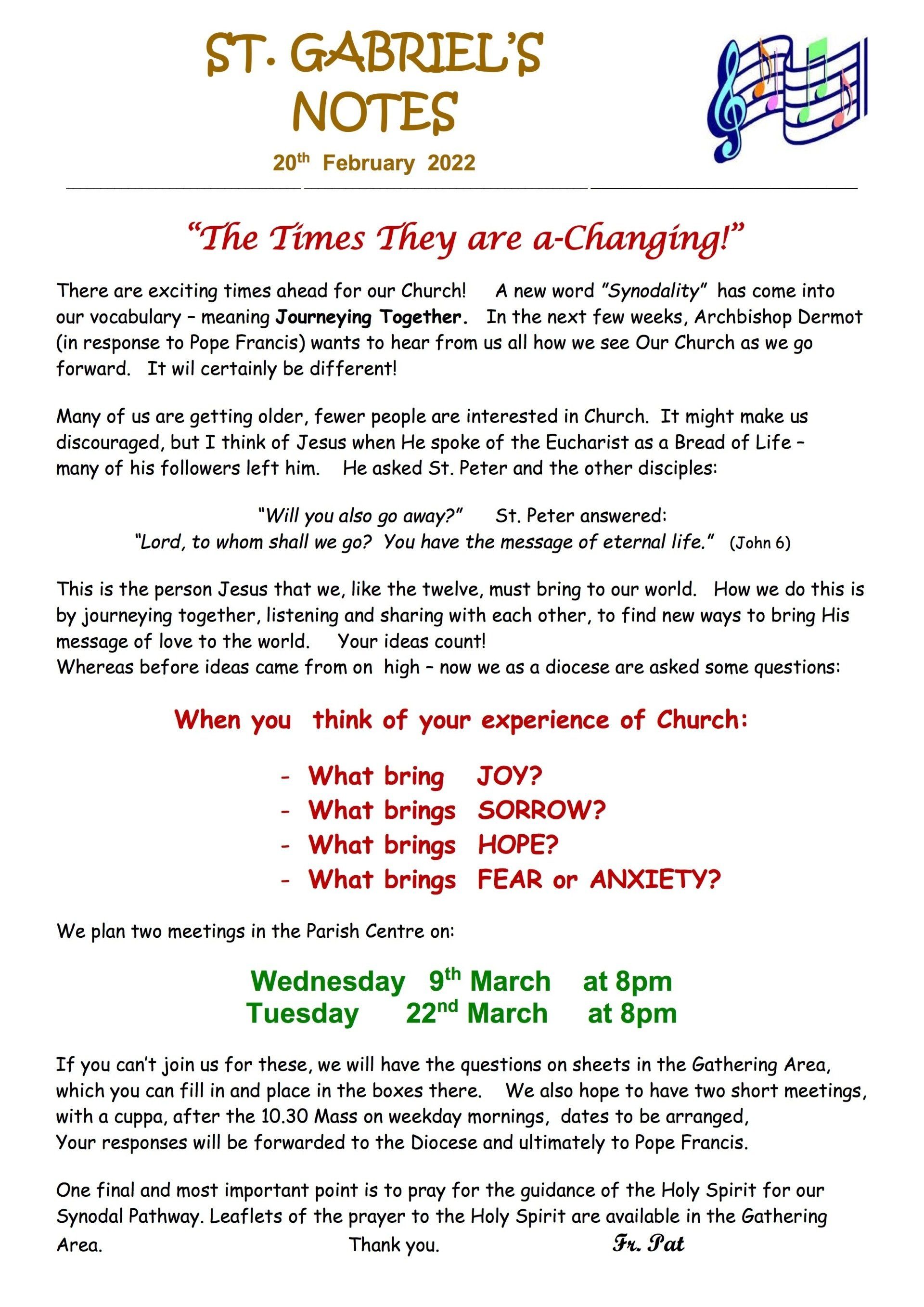 A flyer for st. gabriel 's notes the times they are a changing