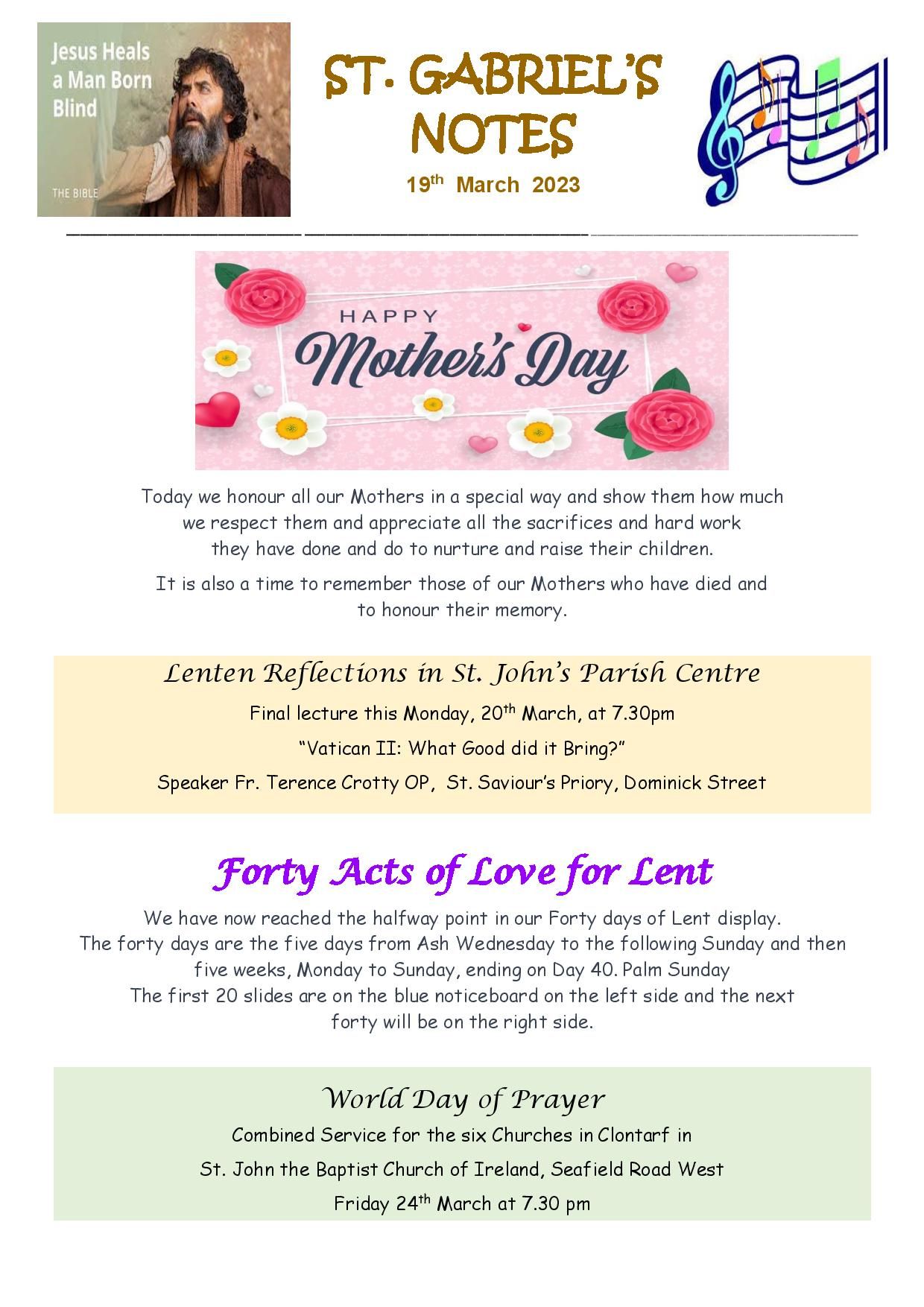 St. gabriel 's notes for mother 's day and forty acts of love for lent