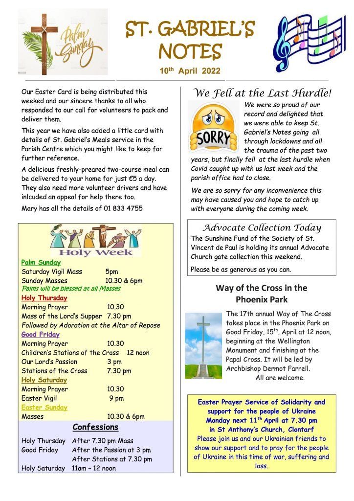 A bulletin from st. gabriel 's church with a cross on it.