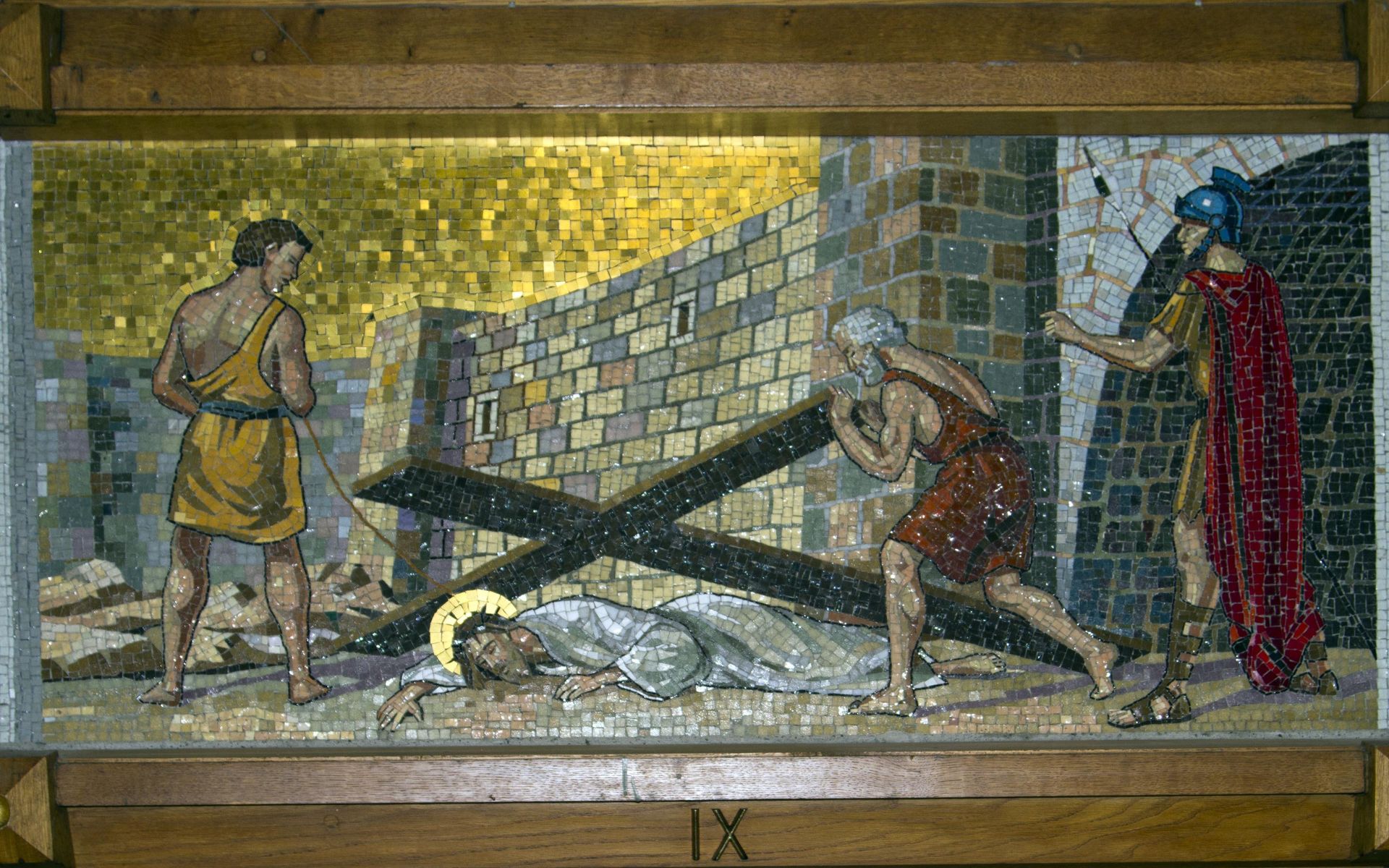 A painting of jesus carrying a cross with two men standing next to him.
