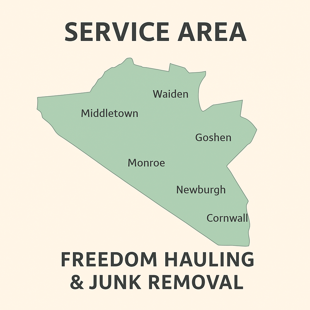 Service area map for FREEDOM Hauling & Junk Removal covering all towns in Orange County, NY