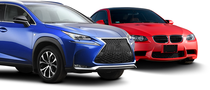 A blue Lexus SUV parked in front of a red BMW sports coupe against a white background. | Russell's Garage