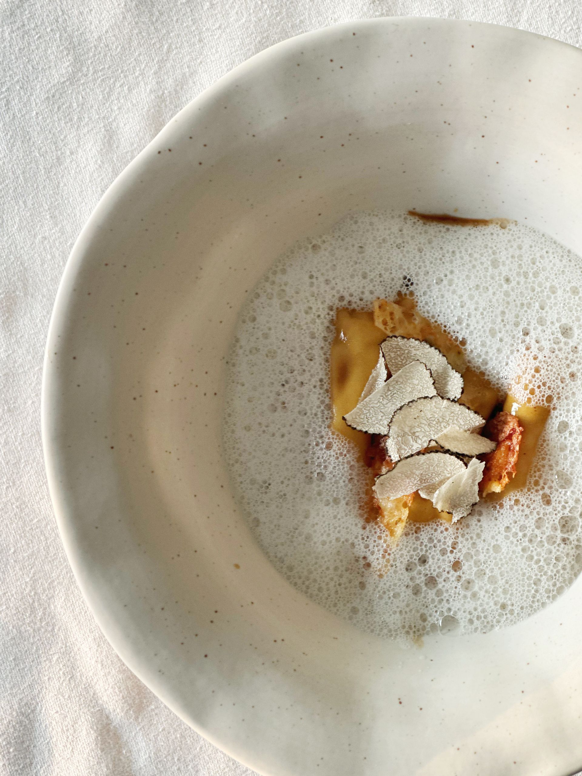 A bowl of soup with a piece of food in it