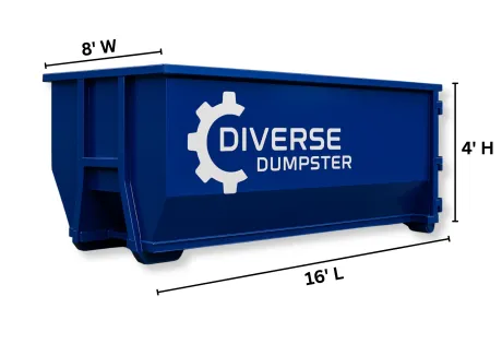 Blue dumpster with dimensions: 16' L x 8' W x 4' H, labeled