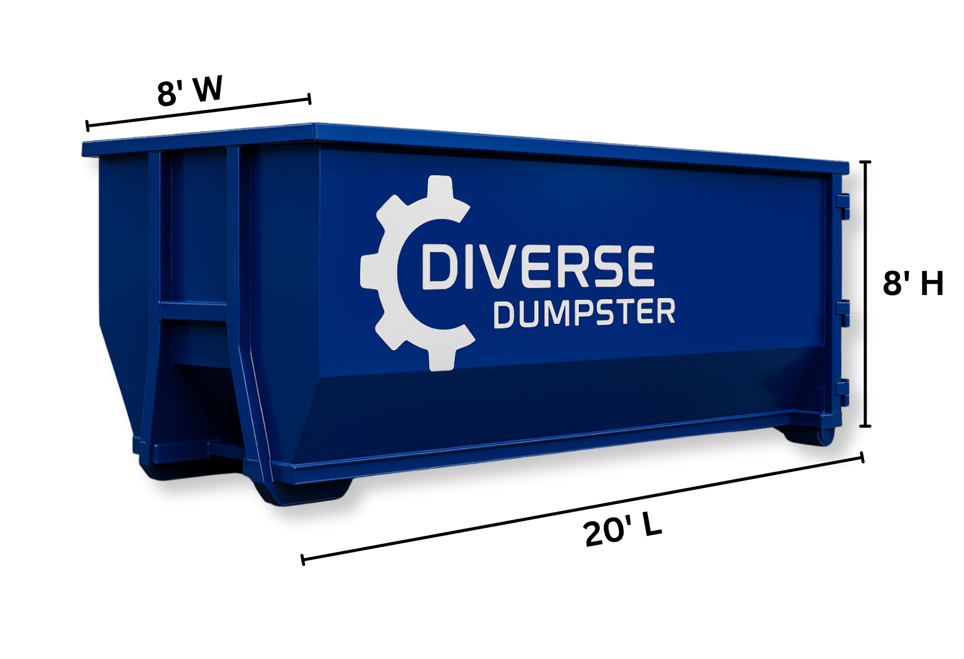 Blue Diverse Dumpster, 20'L x 8'W x 6.5'H, with logo.