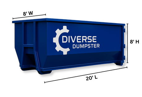 Blue Diverse Dumpster, 20'L x 8'W x 6.5'H, with logo.