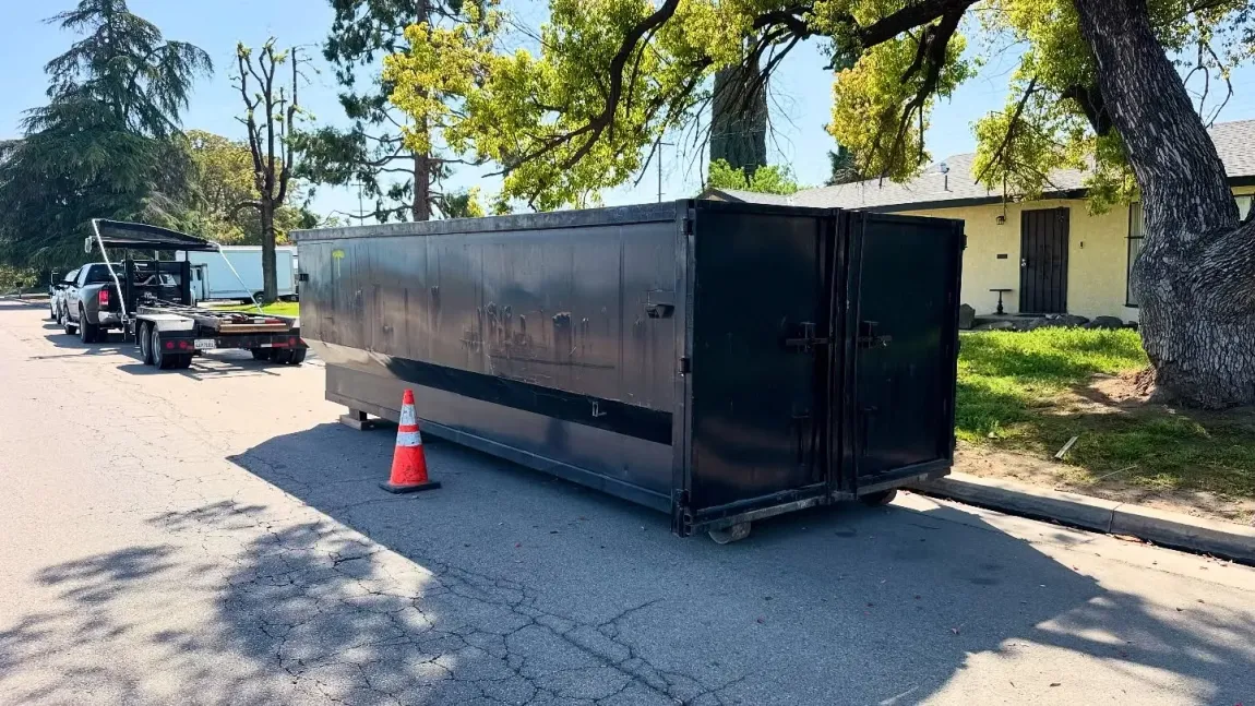 Black dumpster in street, orange cone nearby, truck in background, tree.