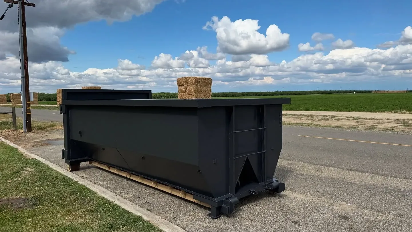 Black dumpster on the side of a road, with a field and blue sky in the background.