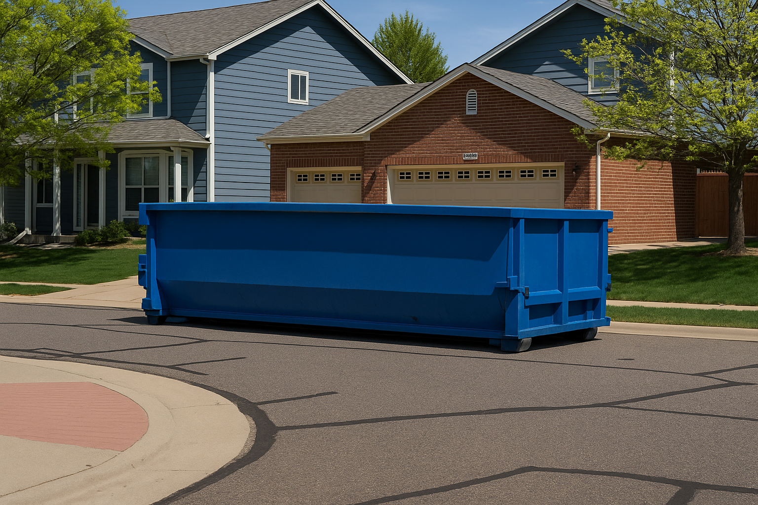 Blue dumpster on a residential street with houses in the background.