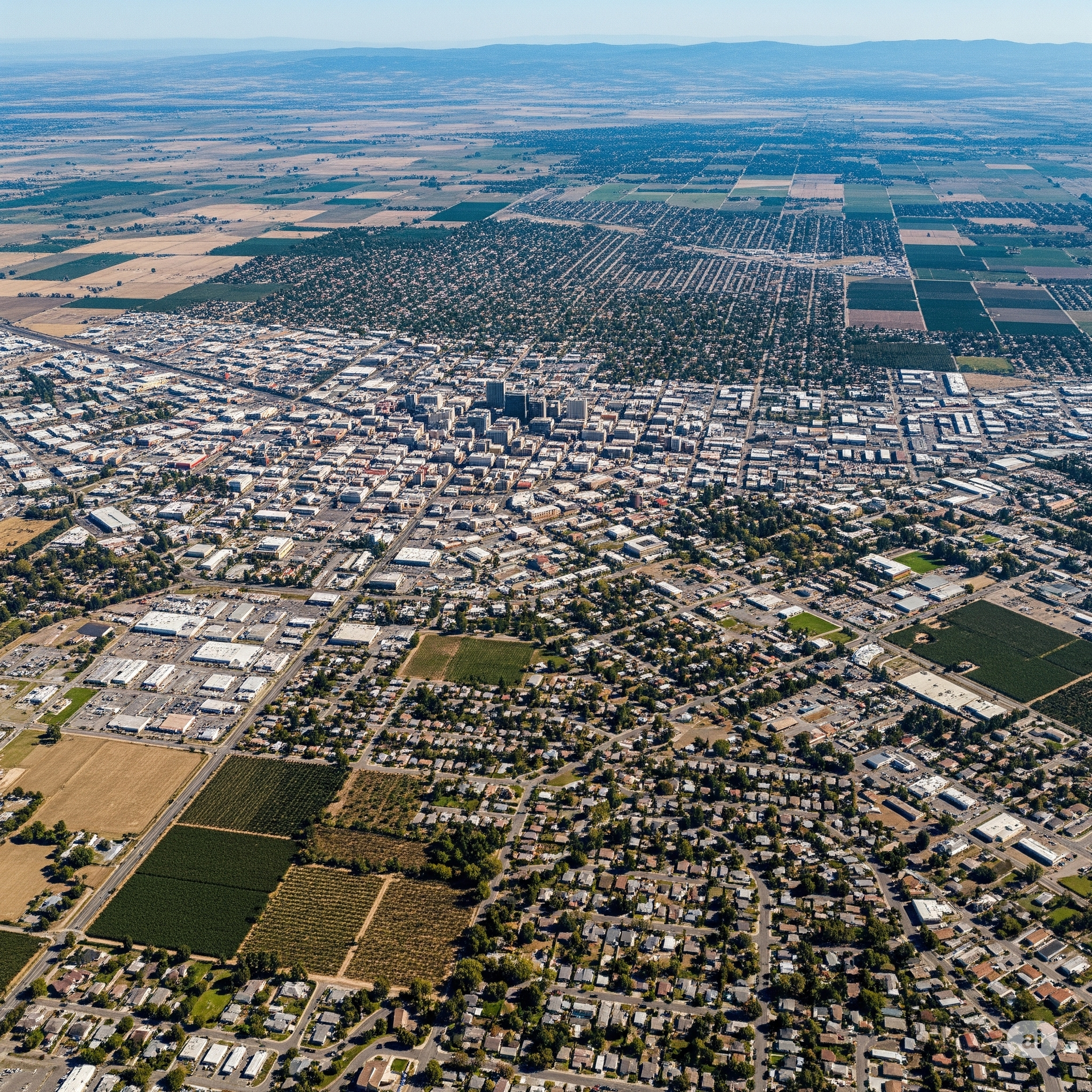Aerial view of a city with buildings, trees, and fields in a valley under a clear sky.