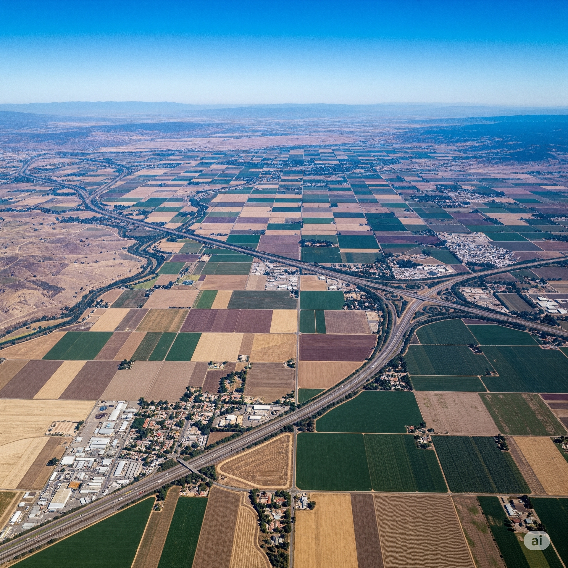 Aerial view of patchwork farmland with highways and a town, under a clear blue sky.