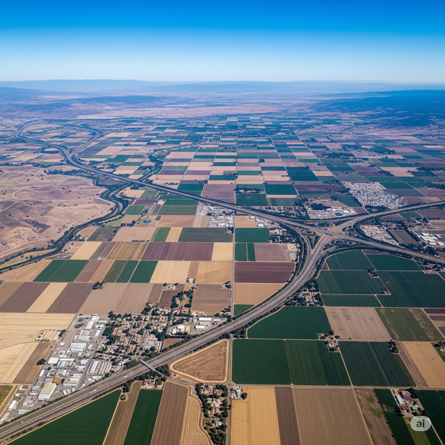 Aerial view of patchwork farmland with highways and a town, under a clear blue sky.