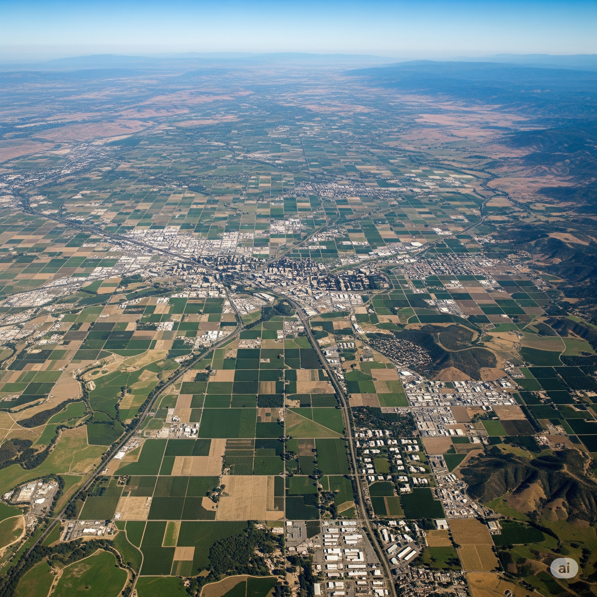 Aerial view of a city surrounded by patchwork farmland under a clear blue sky.