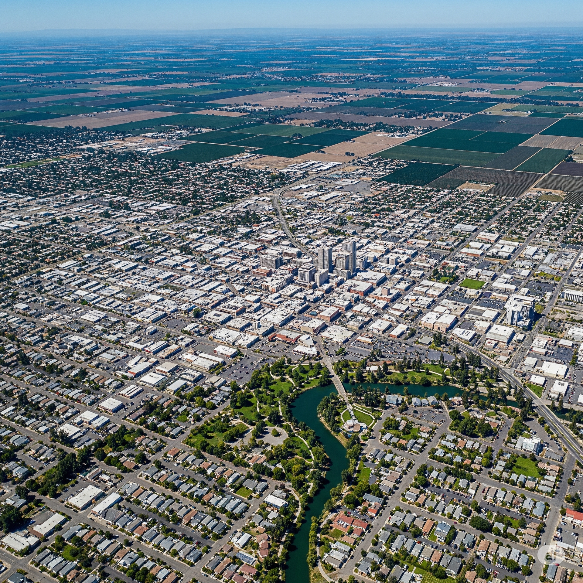 An aerial view of a city with a lake in the background.