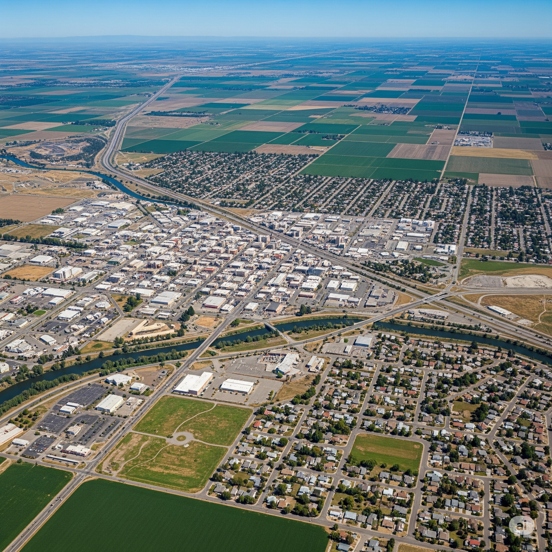 An aerial view of a city with a lake in the background.