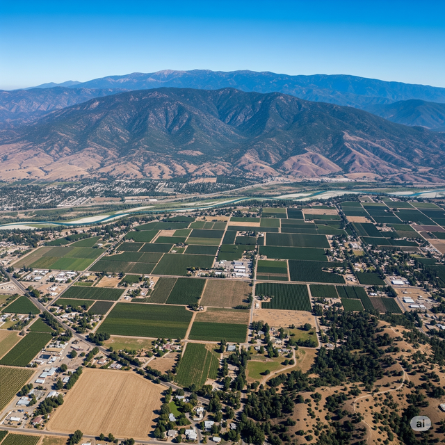 Aerial view: Agricultural fields, homes, river, and mountains under a blue sky.