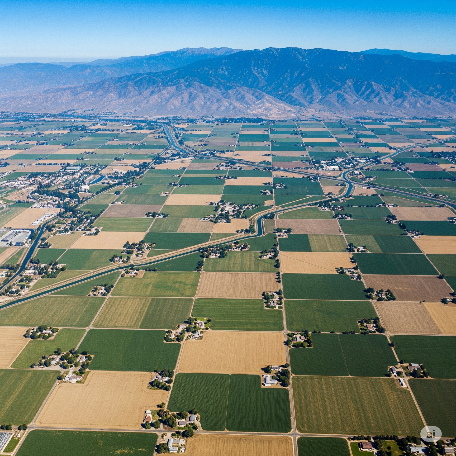 Aerial view of a grid of farm fields in varying green and tan hues, mountains in the background under a blue sky.