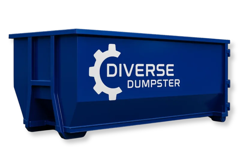 Blue Diverse Dumpster with white logo and text; for waste disposal.