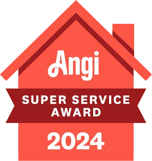 Angi Super Service Award 2024 badge: red house shape with 