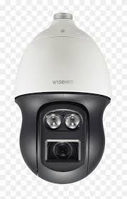 White and black security camera with lights and lens, against a checkered background.
