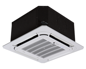 A white cassette air conditioner with a black cover