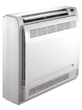 A white air conditioner is sitting on a white surface.