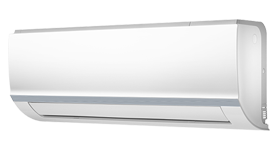 A white air conditioner is hanging on a white wall.