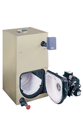 The inside of a gas boiler with the door open.