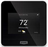 A black thermostat with a screen that shows the temperature and humidity.
