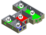 A 3d floor plan of a house with a red , green and blue floor.