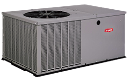 A large gray air conditioner is sitting on a white surface.