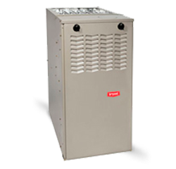 A large gray furnace with a red label that says bryant