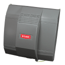 A gray air conditioner with a red label on it is on a white background.