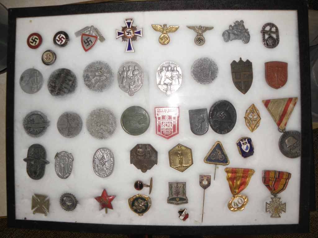Assorted military and commemorative badges, pins, and medals displayed on a white background.